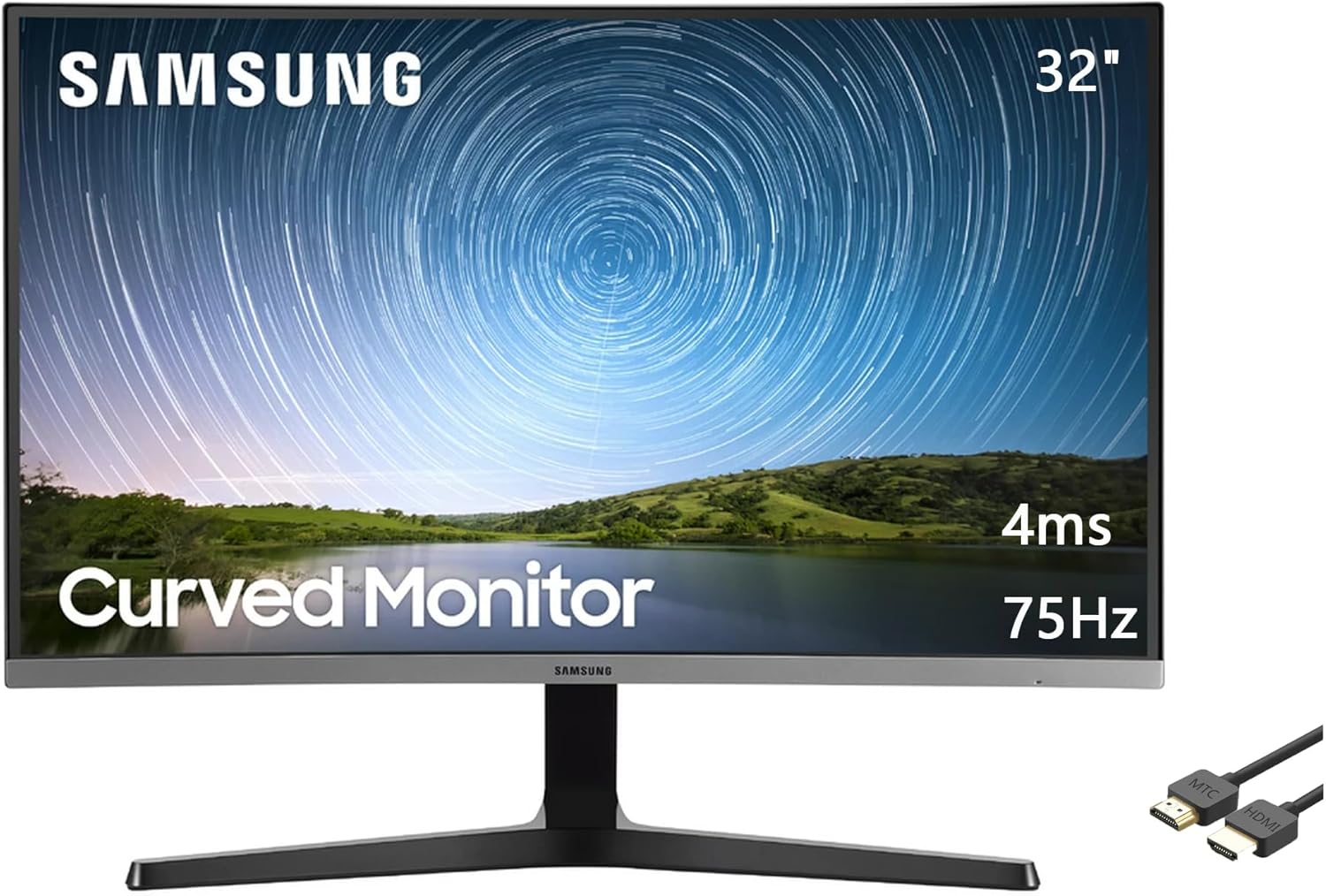 SAMSUNG 32" Class 1500R Curved Full HD (1,920 x 1,080) Monitor, 75Hz, 4ms, Ultra-Slim, AMD FreeSync, 3 Sided Bezel Less Display, HDMI, Black, with MTC HDMI Cable