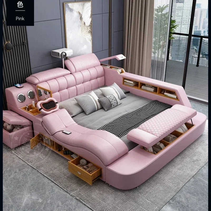 Girl Nordic Aesthetic Double Bed Storage Multifonction Modern King Double Bed Leather Smart Cama Matrimonial Bedroom Furniture
