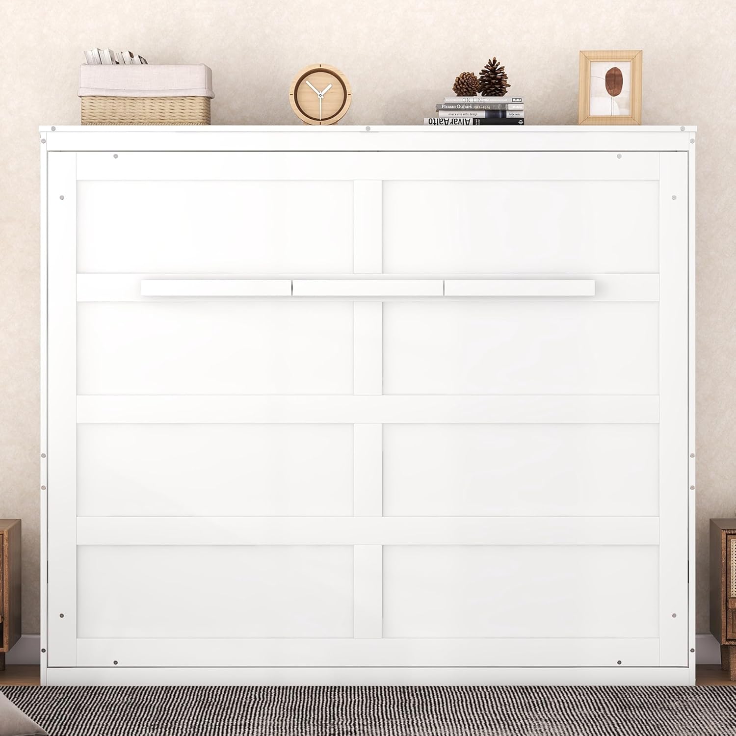 Queen Size Murphy Bed Wall Bed, Solid Wood Platform Bed with Wooden Support Slats, Versatile Murphy Cabinet Bed for Guest Room Home Office Small Room (White + Plywood+Queen)