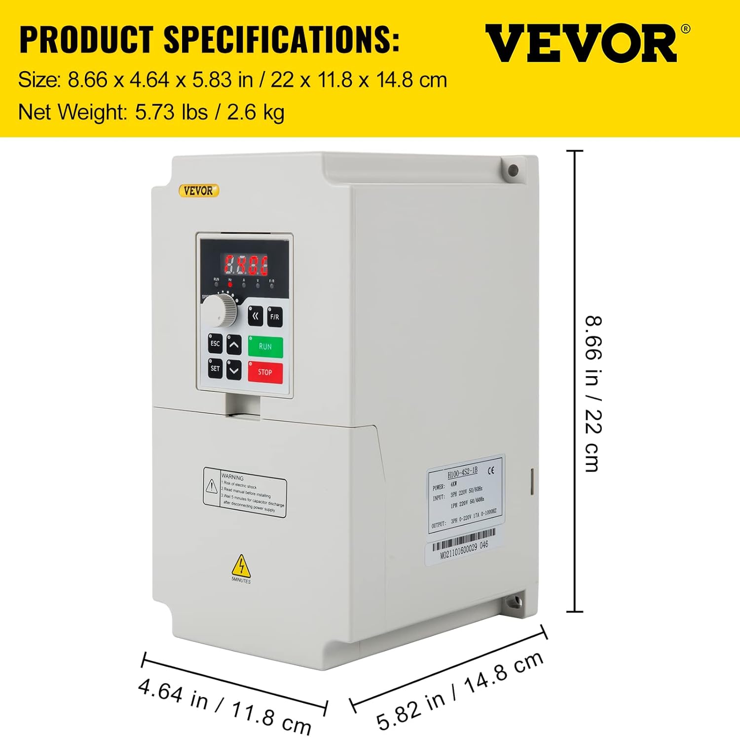 VEVOR VFD 4KW 220V 5.5HP, 1 or 3 Phase Input, 3 Phase Output Variable Frequency Drive, AC 17A 0~1000HZ CNC Motor Inverter Converter for Motor Speed (RS485)