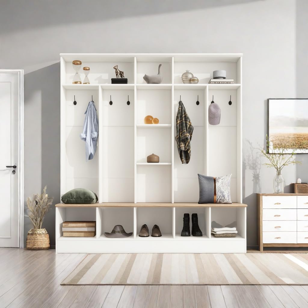 Multifunctional Coat Rack with 8 Hooks for Entryways, Wide Design Hall Tree with Storage Bench, Minimalist Shoe Cabinet with Cube Storage & Shelves, Mudroom, White