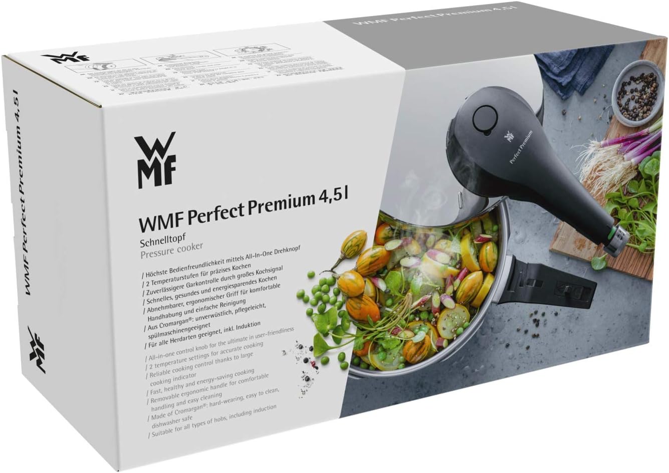 WHF WMF Perfect Premium Pressure 4.5 L Cromargan Polished Stainless Steel 2 Cooking Levels All-in-One Rotary Knob Suitable for Induction Cookers Dishwasher Safe Diameter 22 cm, Silver