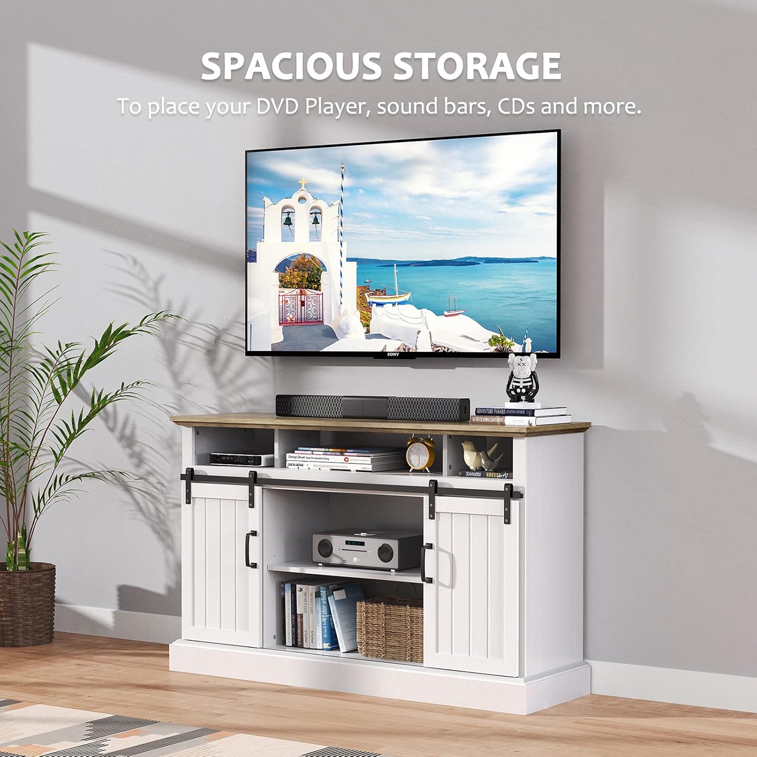 Furnimics Farmhouse TV Stand for TVs up to 65 Inch, Sliding Barn Door TV Stand for Living Room, Bedroom, White Entertainment Center TV Stand Cabinet with Adjustable Shelves&Cable Management, FMWTS01W