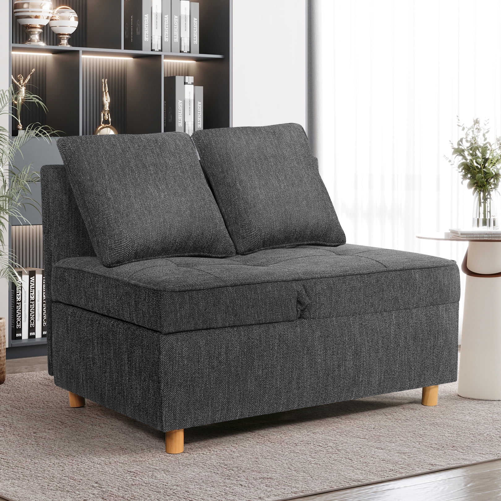 Linen Sofa Beds Chair, 4 in 1 Convertible Chair Sleeper Bed with 5 Adjustable Backrest and 2 Pillows, Black