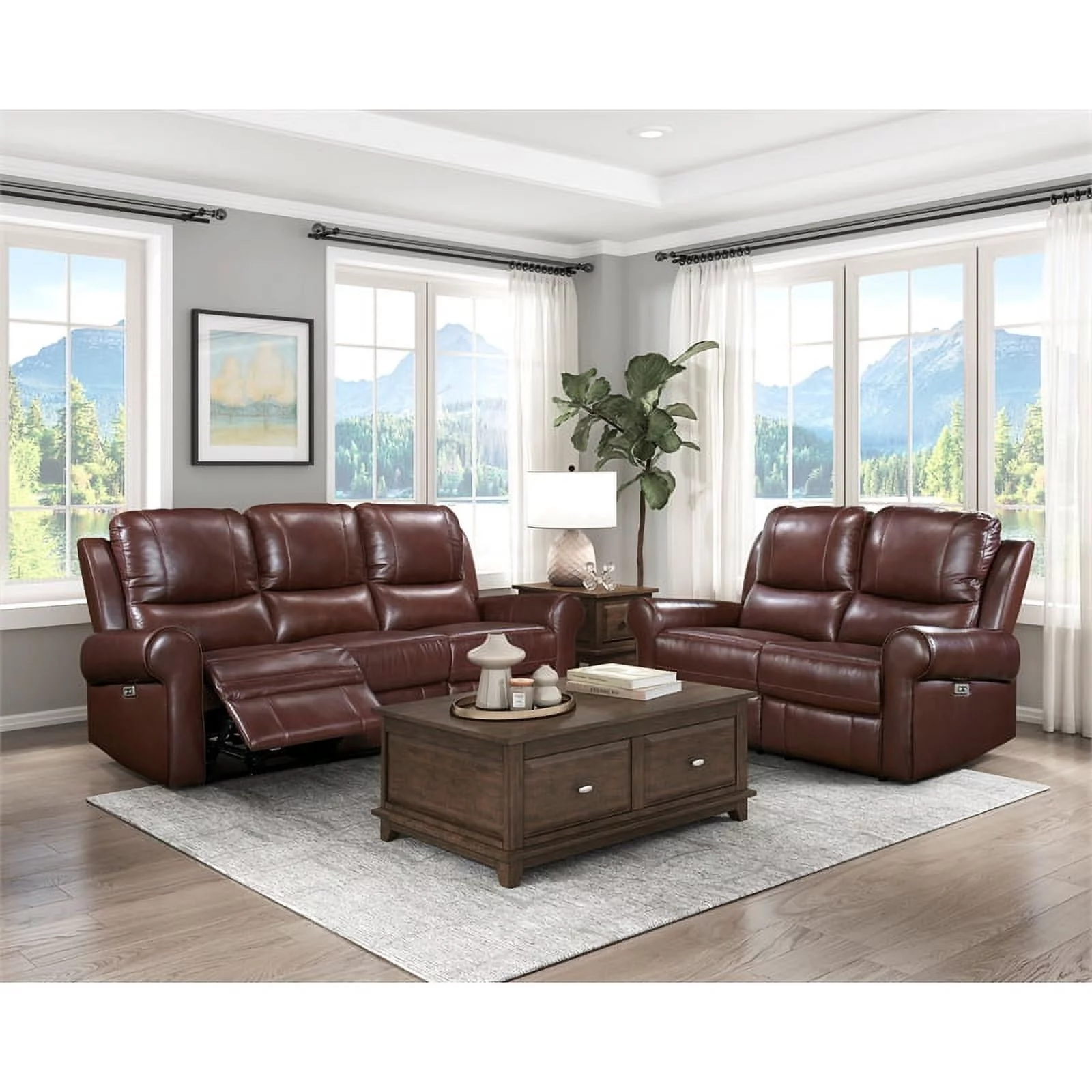 Lexicon McCall Leather Match Power Double Reclining Love Seat in Brown