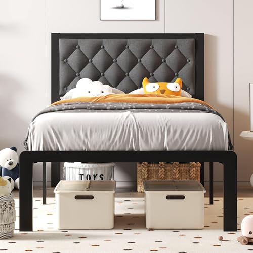 Queen Bed Frame with Headboard PU Leather Upholstered Bed Frame Platform,All Metal Slats Support Platform Bed Frame with Storage Space,Easy Assembly,Noise Free,No Box Spring Needed,Black