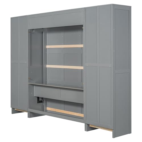 Merax Murphy Bed Queen Size, Built-in Shelves, Storage Drawers and Wardrobe, Wood Folding Wall Bedframe for Guest Room, Home Office, Grey