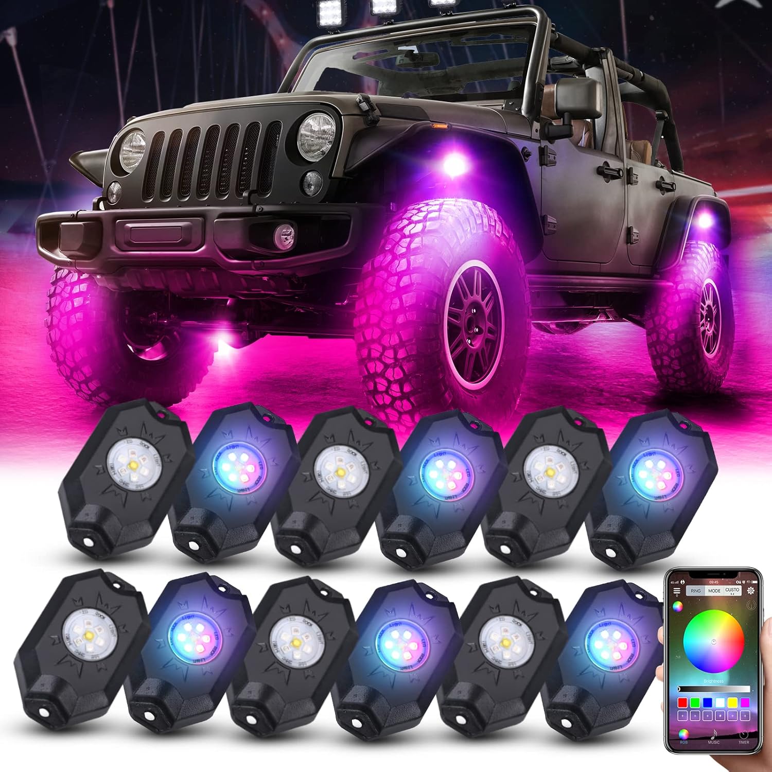 AMONLY RGBW Led Rock Lights Kit, Multicolor Underglow Waterproof Neon Lights With APP Control Timing Function Flashing Music Mode Exterior Light Compatible with Jeep Off Road Car Truck ATV UTV, 4 Pods