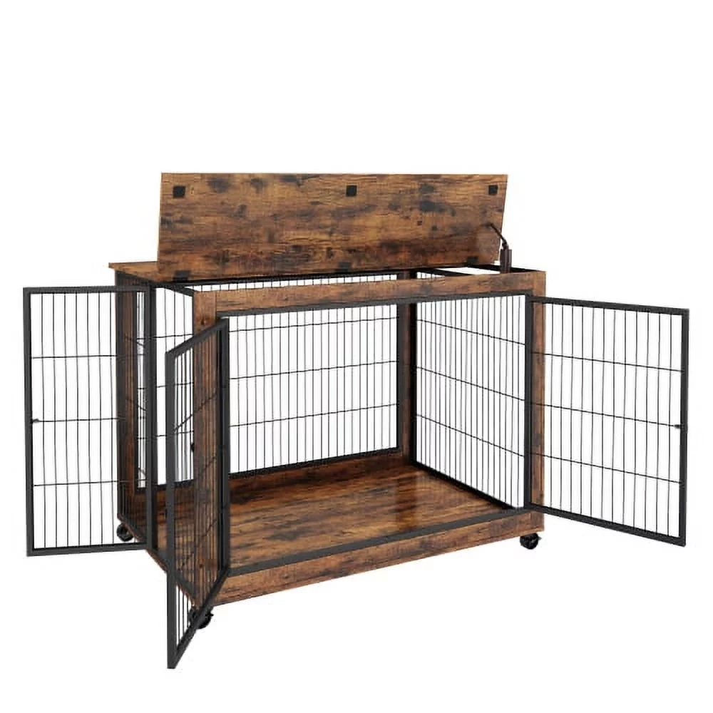 Schnappi Furniture Style Dog Crate Side Table on Wheels with Double Doors and Lift Top.（Rustic Brown,43.7’’w x 30’’d x 31.1’’h）