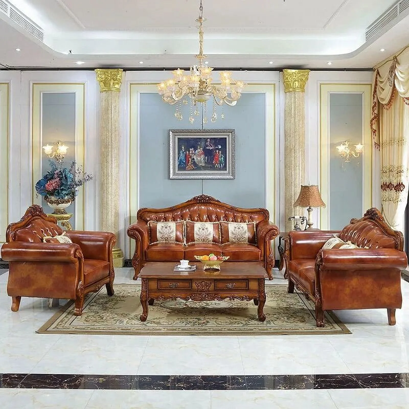 high quality  European  antique living room sofa furniture genuine leather set hd04