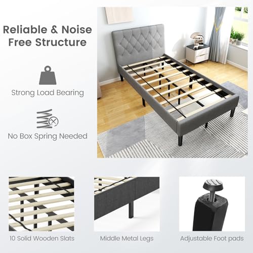 Giantex Twin Bed Frames for Kids, Modern Upholstered Platform Bed with Button Tufted Headboard, Wooden Slats Support Mattress Foundation, No Box Spring Needed, Kids Twin Bed for Girls Boys, Grey