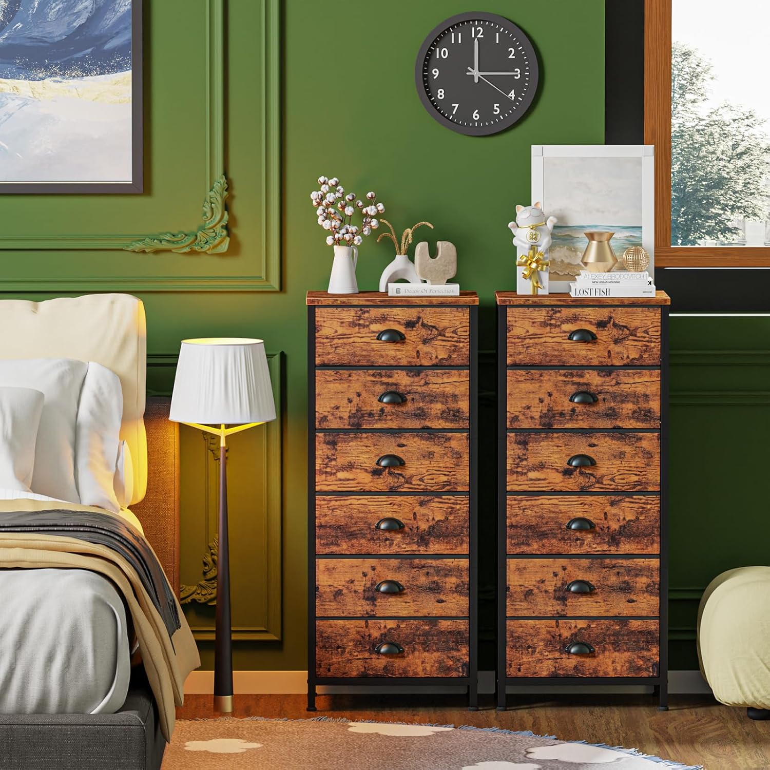 Furnulem Vertical End Table and Nightstand for Bedroom, Wide Dresser with 9 Large Drawers for 55'' Long TV Stand Entertainment Center for Bedroom,Living Room,Closet,Entryway,Sturdy Metal Frame