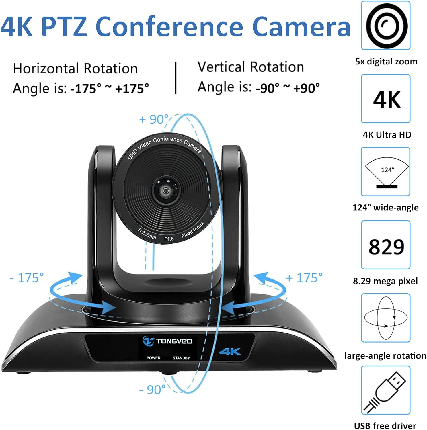 4K PTZ Webcam Video Conference Camera with 5X Digital Zoom and Remote Control USB 124-Degree Wide-Angle for Skype/Teams/Zoom Meeting Live Streaming by TONGVEO