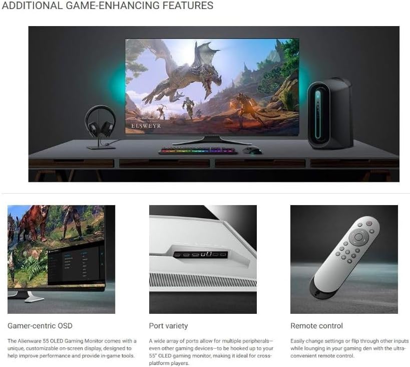 Alienware 55 OLED Gaming Monitor: AW5520QF, World’s First 55" OLED Gaming Monitor. Featuring 4K Resolution 3840 x 2160 at 120Hz True-to-Life Colors, Low Input Latency and AW Legend Industrial Design