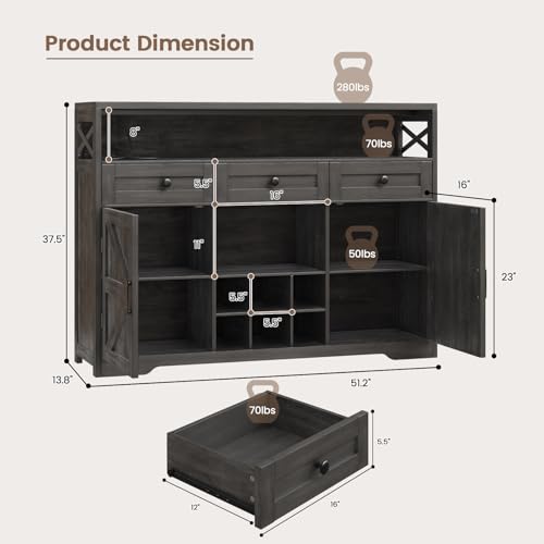 55" Sideboard Buffet Cabinet with Storage, Large Kitchen Storage Sideboard with Drawers & Doors, Modern Wood Farmhouse Coffee Bar Cabinet, Buffet Table for Kitchen, Dining Room, Living Room, White