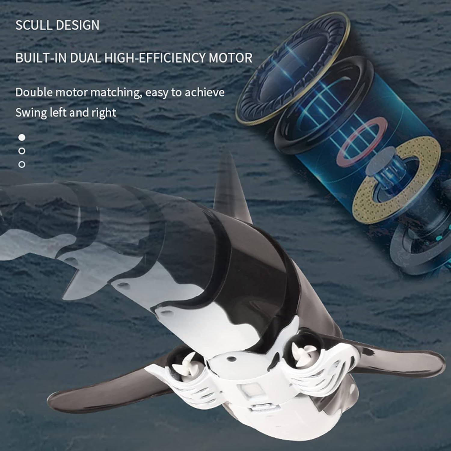 Remote Control Black Shark Head Shark with LED Light , Remote Control Shark Toy 1:18 High Shark Toy for Swimming Pool Bathroom It can Move only in Water Pack of 2