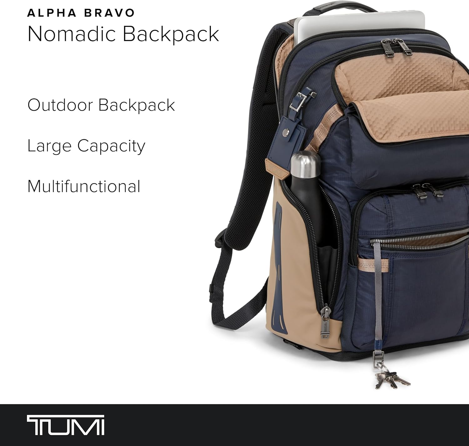 TUMI - Alpha Bravo Nomadic Backpack - Durable Carry On Backpack - 18.8" X 15.0" X 9.0" - Fits up to 15" Laptop - Midnight Navy/Khaki