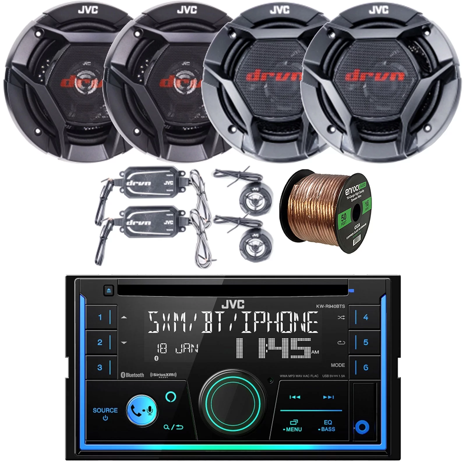 JVC KW-R940BTS Double DIN Bluetooth USB AUX AM/FM Stereo CD Player Receiver Bundle with 2x 6.5" 2-Way 360W Peak Car Audio Component Speakers, 2x 6.5" Coaxial 300W Max Vehicle Speakers, Speaker Wire