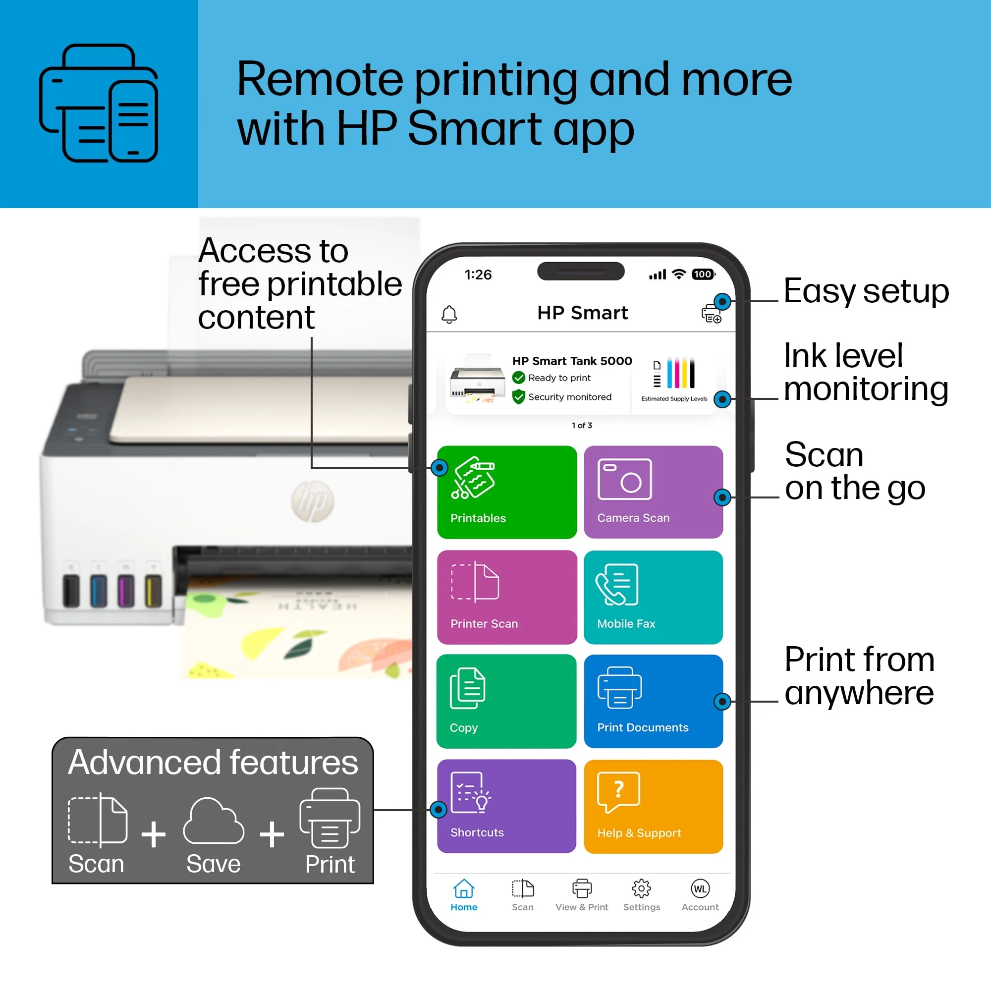 HP Smart Tank 5000 Wireless All-in-One Supertank Color Home Inkjet Printer with up to 2 Years of Ink