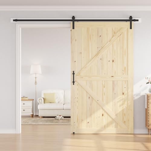 SMARTSTANDARD 36in x 84in Sliding Barn Door with 6.6ft Barn Door Hardware Kit Included, Unfinished Solid Spruce Wood Door, Assembly Required, DIY, Stainable, Natural