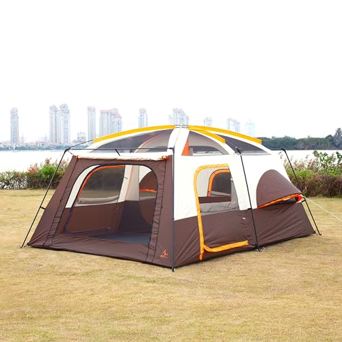 KTT Extra Large Tent 10-12-14 Person(Style-B),Family Cabin Tents,2 Rooms,3 Doors and 3 Windows with Mesh,Straight Wall,Waterproof,Double Layer,Big Tent for Outdoor,Picnic,Camping,Family Gathering