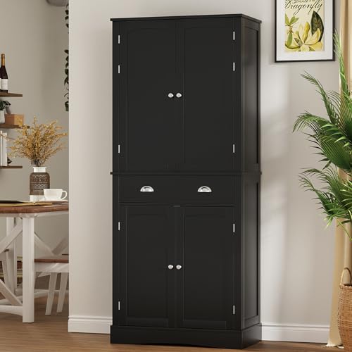VOWNER Kitchen Pantry Cabinet with 4 Doors and 1 Drawer, Tall Storage Cabinet with Adjustable Shelves, Freestanding Cupboard for Kitchen, Dining Room and Living Room (White)