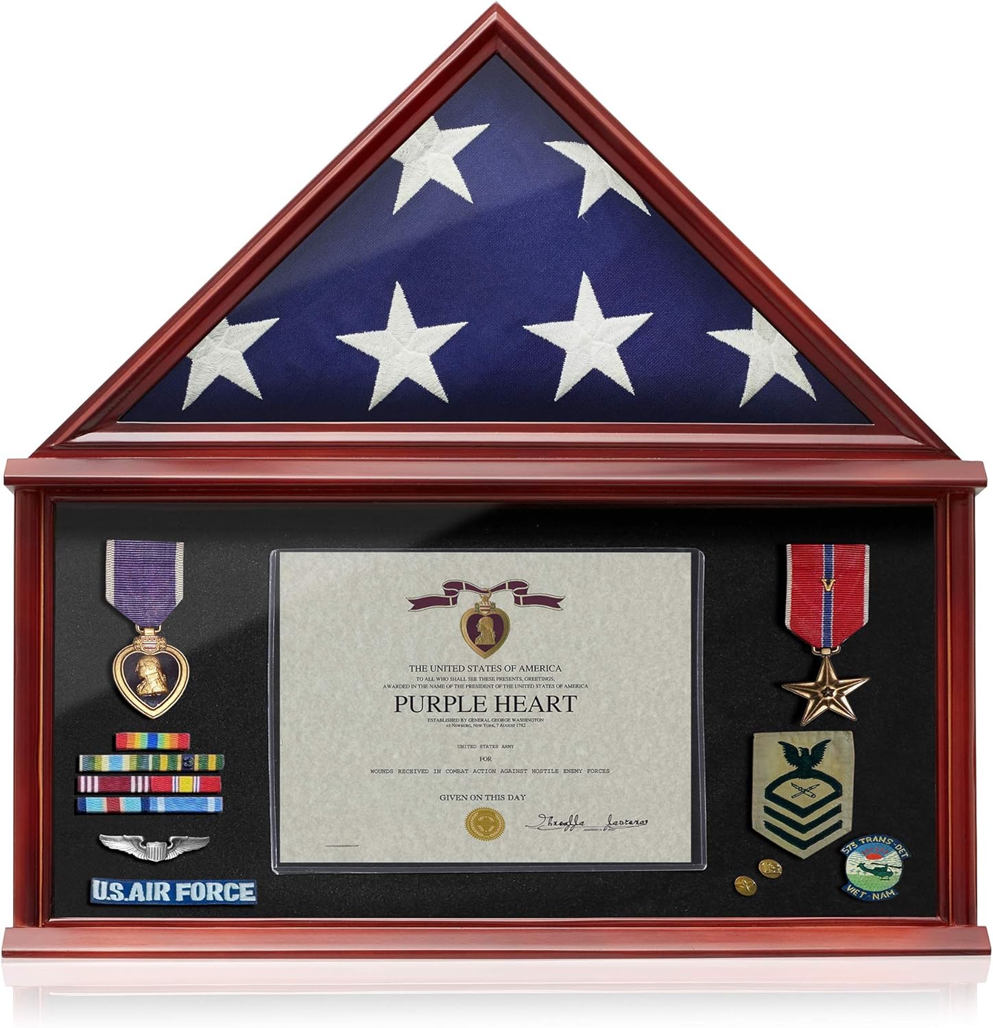 Reminded Large Military Shadow Box Memorial Flag Display Case fits 5' x 9' Flag, Solid Wood Mahogany Finish