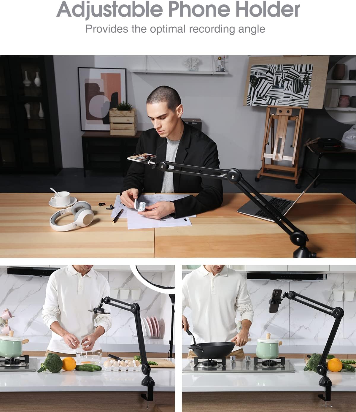 Elitehood Overhead Phone Stand for Recording, Overhead Phone Mount, Flexible Lazy Long Arm Phone Mount for Desk, Headboard, Office, Kitchen, YouTube, Camera Photography, Painting Shots, Picture Taking Pack of 2