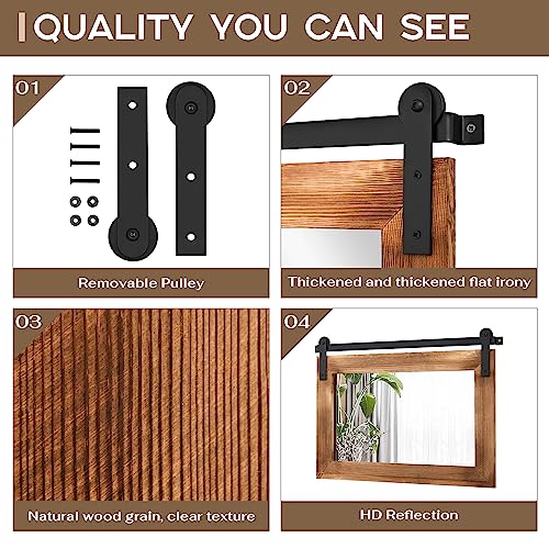 Farmhouse Barn Door Mirror - 41" x 26" Rustic Wood Framed Wall Mirror for Bathroom, Living Room, Bedroom Wall Decor (Brown)
