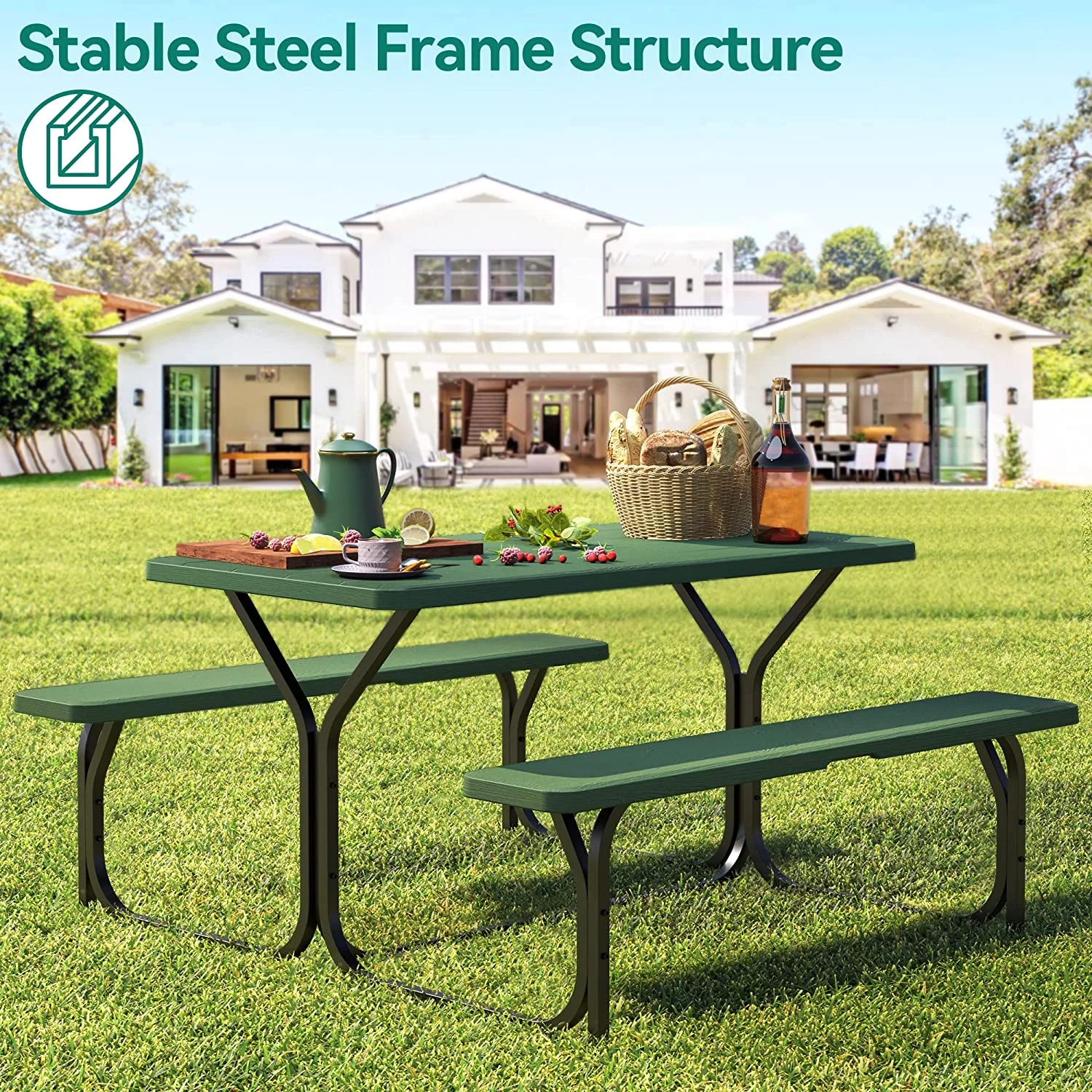 DWVO Picnic Table 6ft Heavy Duty Outdoor Picnic Table and Bench Resin Tabletop & Stable Steel Frame w/Umbrella Hole for Yard Patio Lawn Party Green