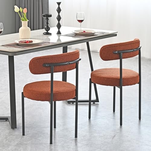 Dining Chairs Set of 2, Round Upholstered Kitchen Boucle Chairs, Mid-Century Modern Curved Back Dining Room Side Chair for Living Room Dining Room Kitchen Restaurant Café (Brown)