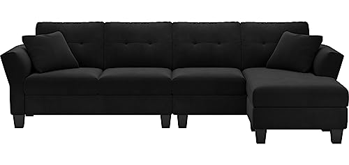 Belffin Velvet Sectional Couch L Shaped Sofa 4 Seater Sofa with Chaise L-Shaped Couches Convertible Sectional Sofa Black