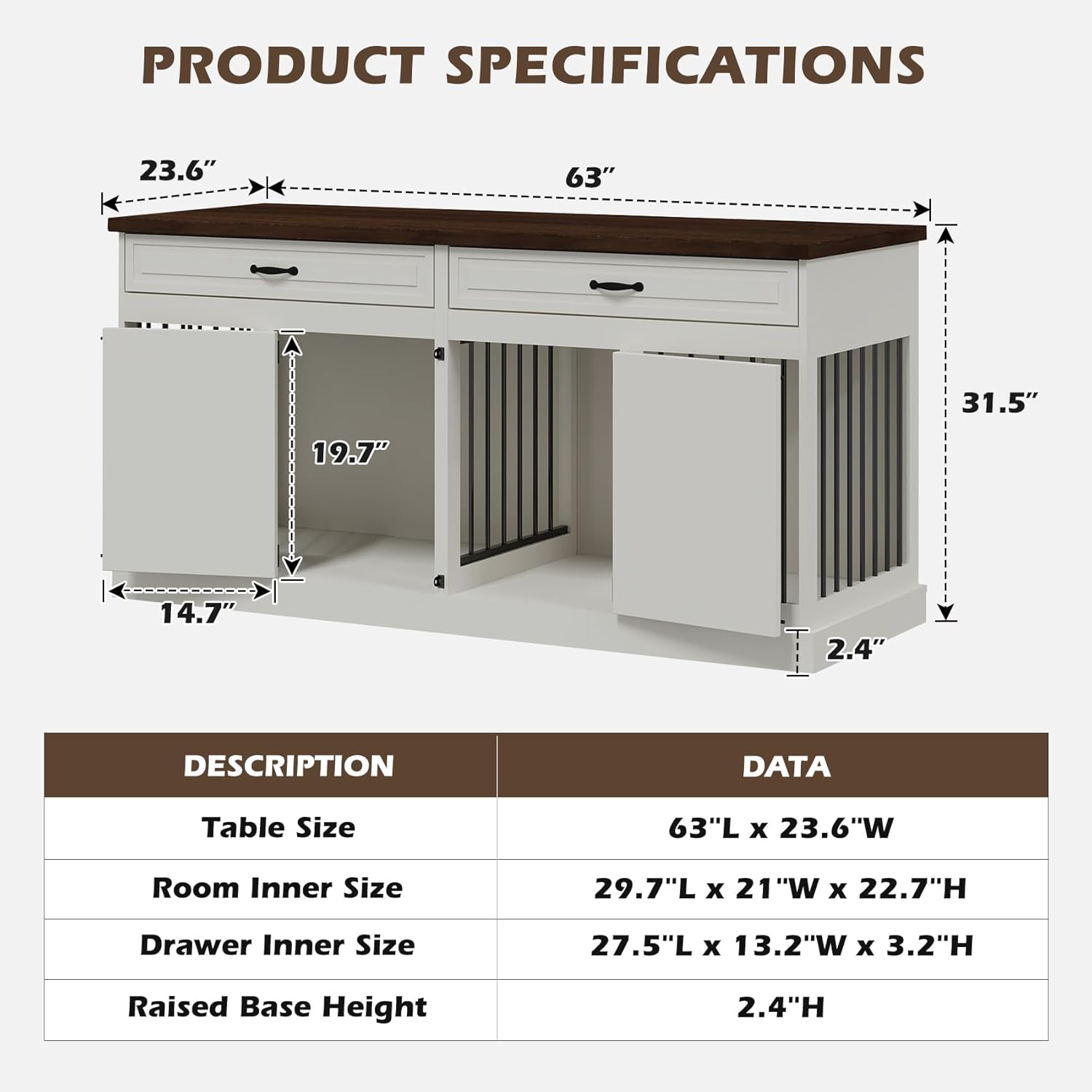 Dog Crate Furniture - Indoor Heavy Duty Wooden Furniture Style Dog Crate with 2 Doors, Room Divider and 2 Drawer - 63" Lx23.6 Wx31.5 H, White