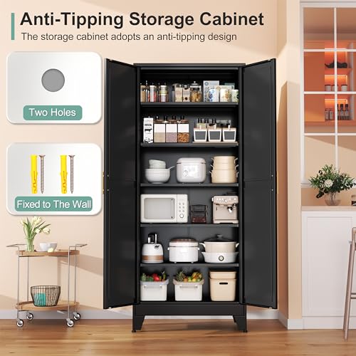Metal Pantry Cabinet with 2 Doors and 5 Adjustable Shelves, 75" Kitchen Storage cabinets with Gold Handles, Versatile Storage for Laundry Room, Living Room, Bathroom, Dinning Room, Utility Room-White