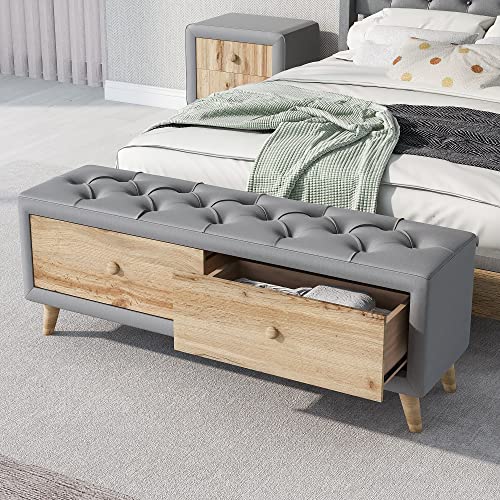 Upholstered Wooden Storage Ottoman Bench with 2 Drawers Button-Tufted Linen Padded Footstool Modern End of Bed Bench Entryway Storage Bench for Living Room Dining Room, Gray