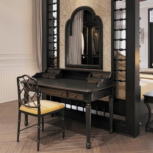Makeup Table Vanity French Retro Solid Wood Dressing Table, Simple Bedroom Dressing Table, Small Apartment Dressing Table and Chair Combination Vanity Desk