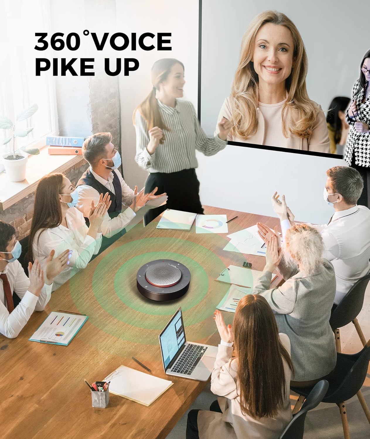 WyreStorm Halo 90 Conference Speaker, 4 Noise-canceling Mics, Enhanced 360° Voice Pickup, 4K@60Hz Video Resolution, AGC Voice Balance, Full-Duplex, with USB-C Docking Function Supply Power to PC