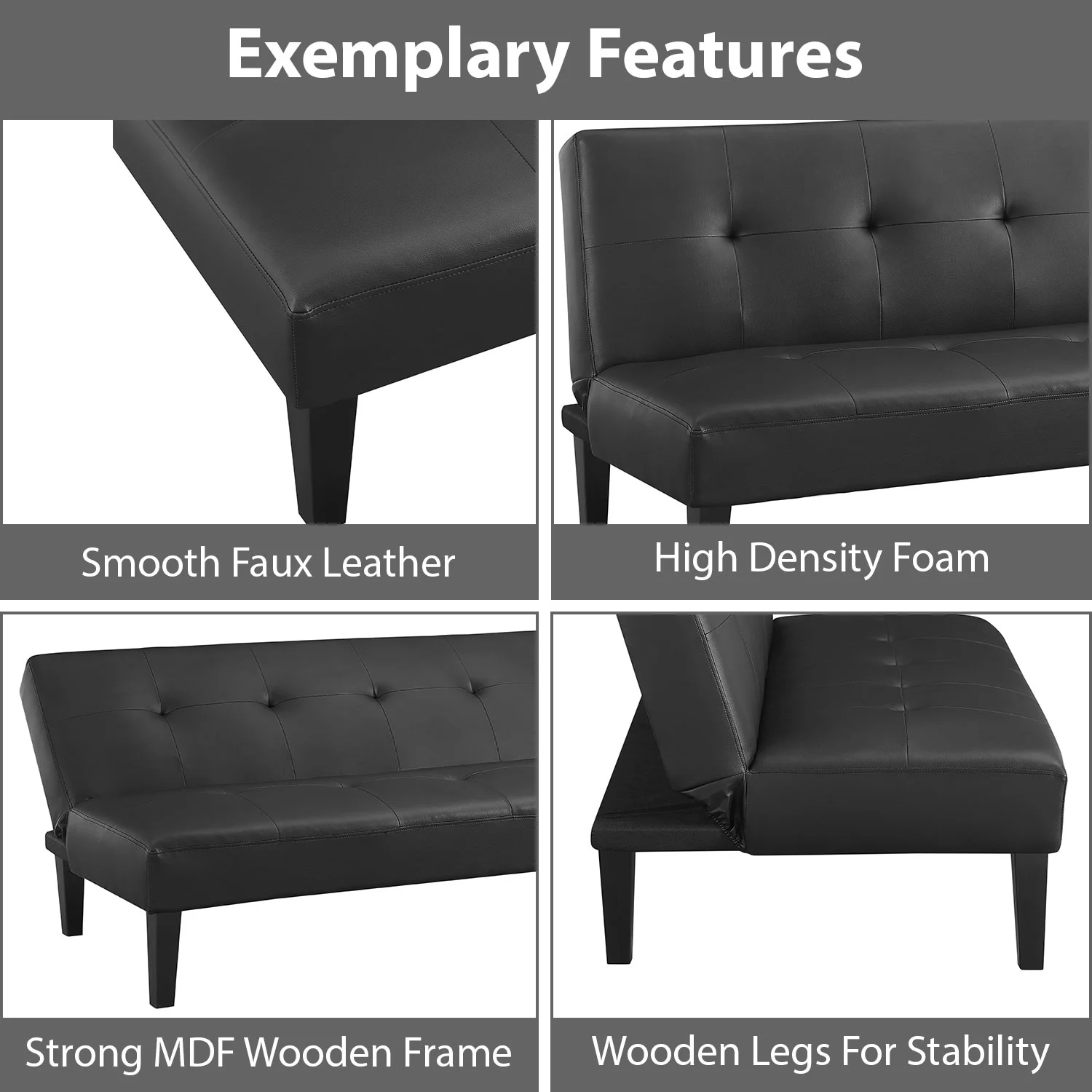 Modern Tufted Convertible Futon Sofa Bed, Folding Sofa Couch with Wooden Legs, Reclining Small Couch, Durable and Sturdy Futon Sofa, Faux Leather, Black