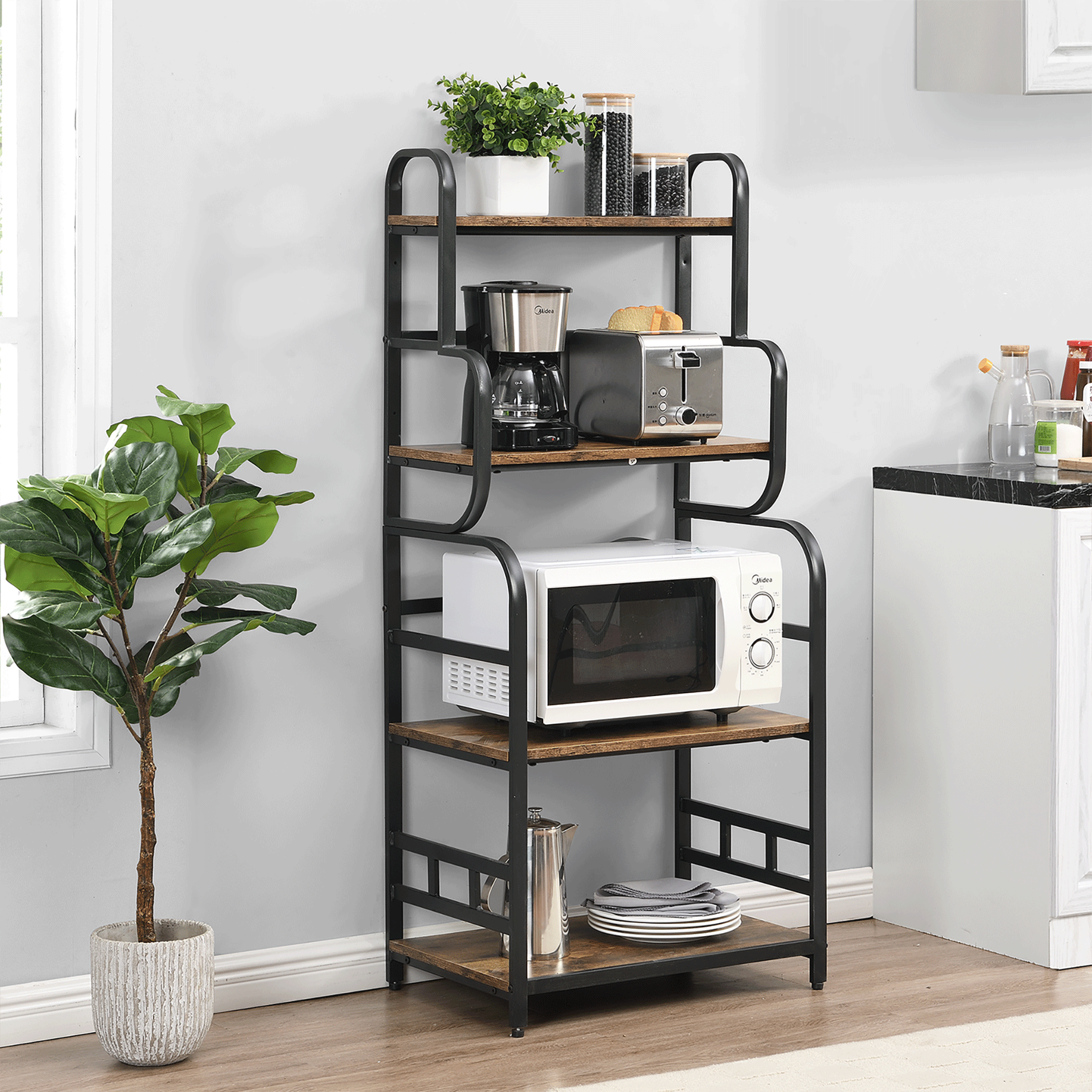 O&K Furniture 4-Tier Kitchen Bakers Rack, 54’’ Microwave Oven Stand with Storage Shelves, Black