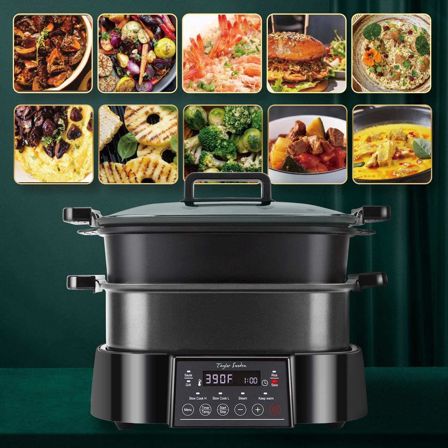 Programmable Slow Cooker with Countdown Timer, 6 L 6.3 Quart Multi-cooker with Steamer Tray, Grill Plate, Cooker pot 8-in-1 Preset Modes, Taylor Swoden