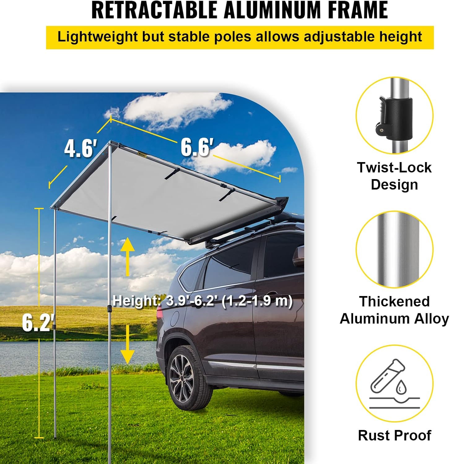 VEVOR Car Side Awning, 4.6'x6.6', Pull-Out Retractable Vehicle Awning Waterproof UV50+, Telescoping Poles Trailer Sunshade Rooftop Tent w/ Carry Bag for Jeep/SUV/Truck/Van Outdoor Camping Travel, Grey
