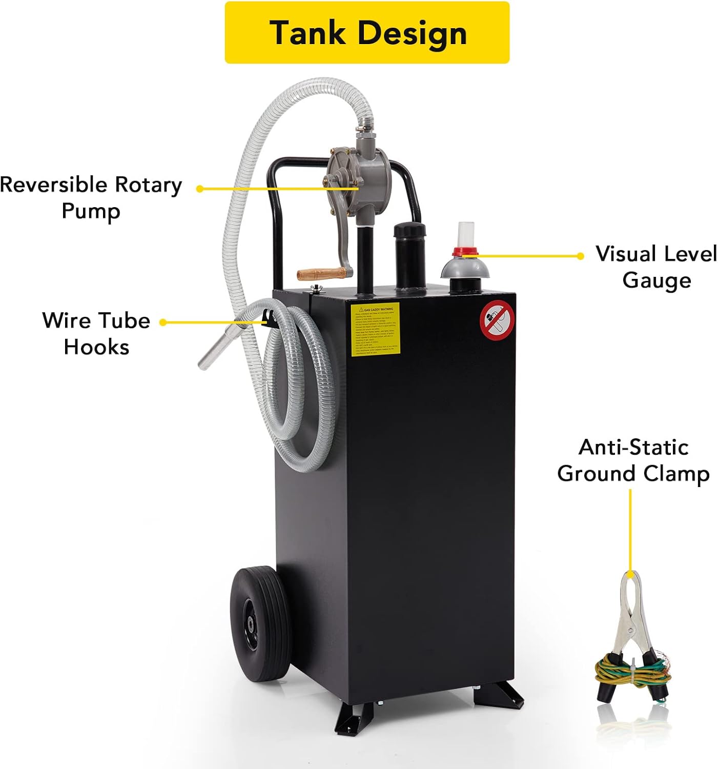30 Gallon Gas Caddy, Fuel Storage Tank & 2 Wheels, with Manual Transfer Pump, Gasoline Diesel Fuel Container for ATV Car Mowers Tractors Boat Motorcycle (Black)