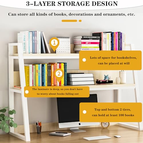 Computer Desktop Bookcase 2-Tier Multipurpose Metal and Wood Desk Hutch Bookshelf for Computer with Partitions Shelf Display Rack Desk Organizer for Office Home Dormitory,Black b,75×32×90CM
