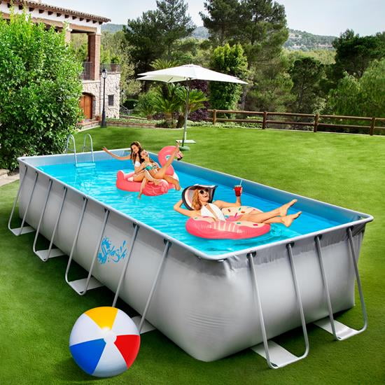 SereneLife Rectangle Above Ground Pool Set, Steel Frame, Outdoor Family Swimming Pool W/ Ladder