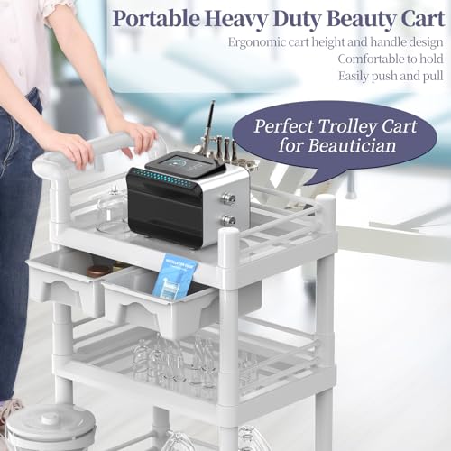Beauty Trolley Cart with Wheels, Esthetician Cart with Handrail, Bucket and 2 Big Drawer, 2 Tier Heavy Duty Beauty Salon SPA Cart, Load 330lbs, 360° Rotate Silent Wheels