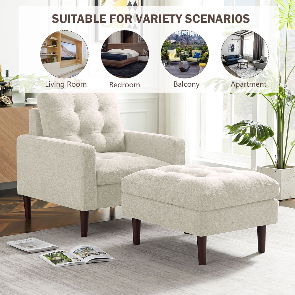 Accent Chair with Ottoman, Modern Fabric Single Sofa Chair, Upholstered Accent Arm Chair with Solid Wood Legs, Accent Chair for Home Office Living Room Bedroom, Beige