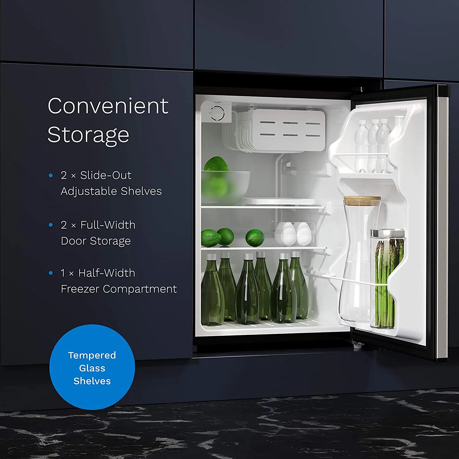 Mini Fridge - 2.4 Cubic Feet Under Counter Refrigerator with Small Freezer for Office, Dorm or Apartment with Removable Glass Shelves