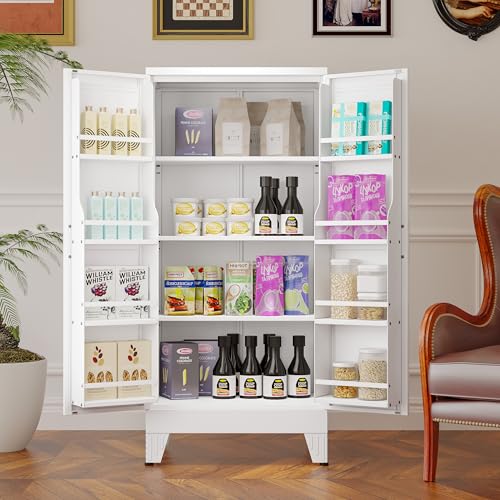 75.2" Tall Metal Pantry Cabinet, Storage Cabinets with 4 Door and 4 Adjustable Shelves, Black Kitchen Pantry Storage Cabinet, Freestanding Cupboard for Kitchen Dining Room Living Room Bathroom