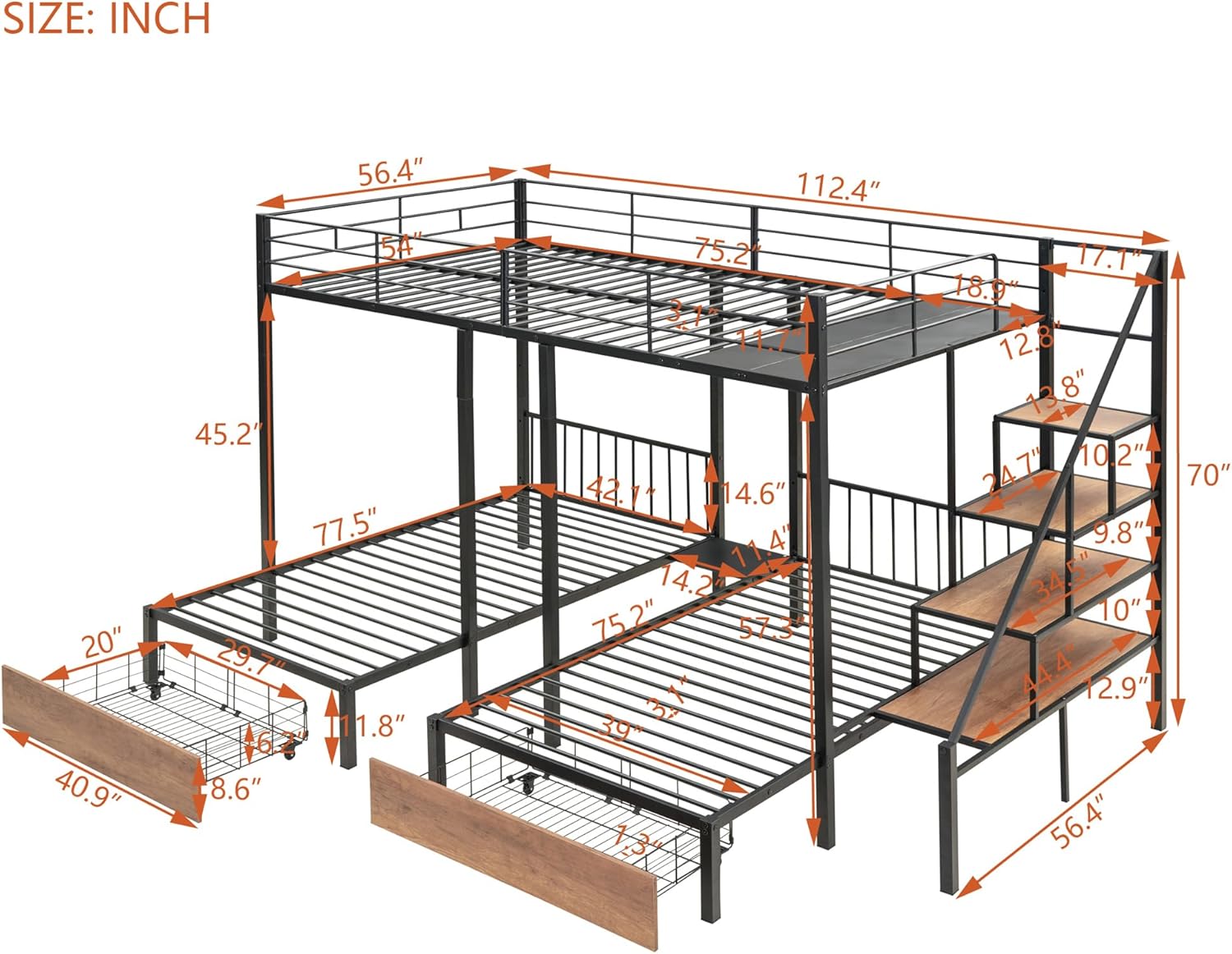 CITYLIGHT Triple Bunk Beds with Storage, Metal Full Over Twin & Twin Bunk Beds with Stairs,3 Bed Bunk Bunk for Kids, Girls, Boys,Teens, Adults,Space Saving Design,Can be Separated into 3 Beds, Black