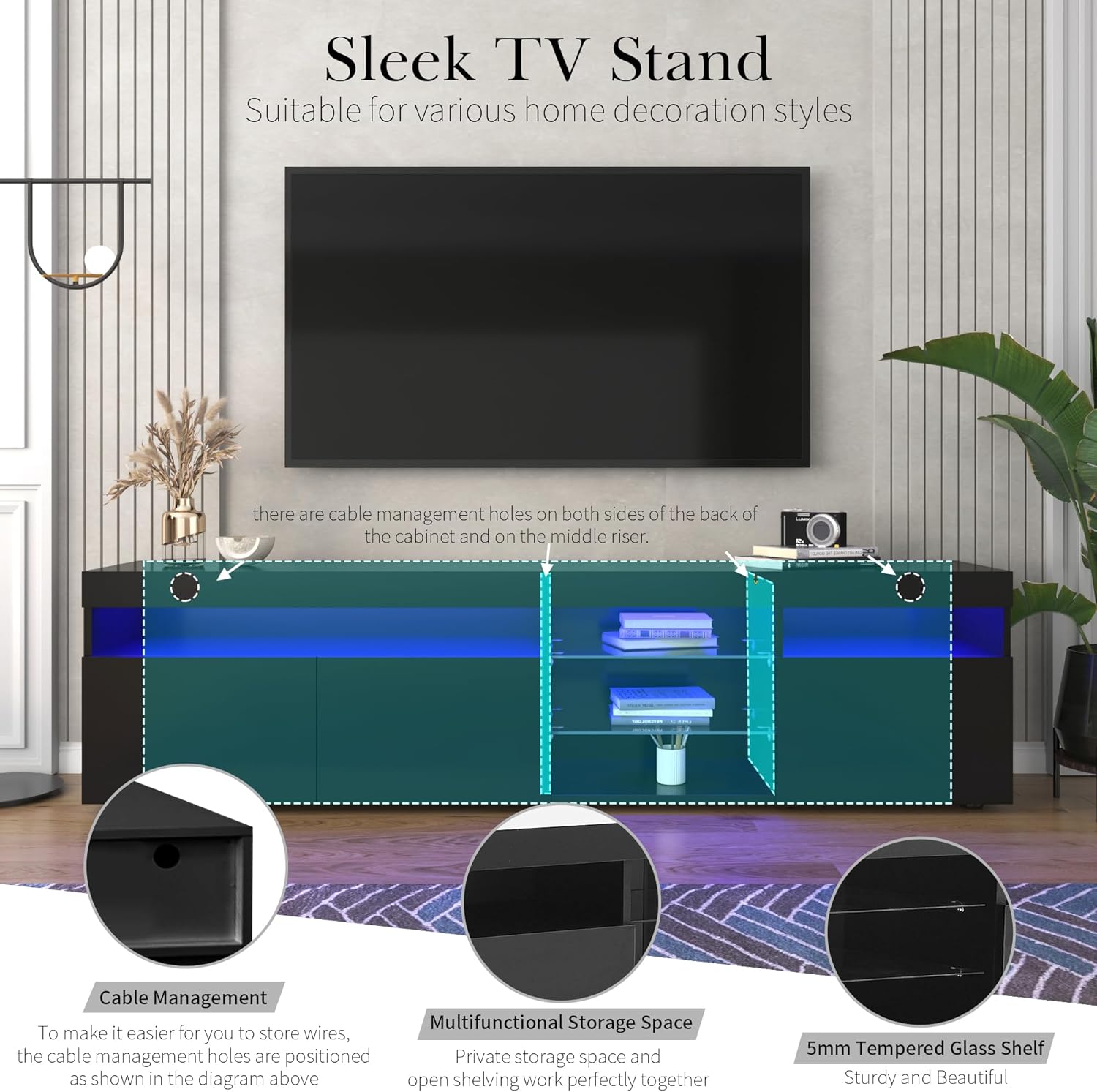 Modern Design TV Stands for TVs up to 80'', LED Light Entertainment Center, Media Console with Multi-Functional Storage, TV cabinet for Living room,Bedroom, Home Theatre (Black)